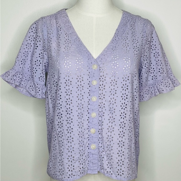 $75 Madewell Eyelet Village Ruffle Sleeve Button Down Lilac Cotton Shirt XXS - Picture 3 of 6